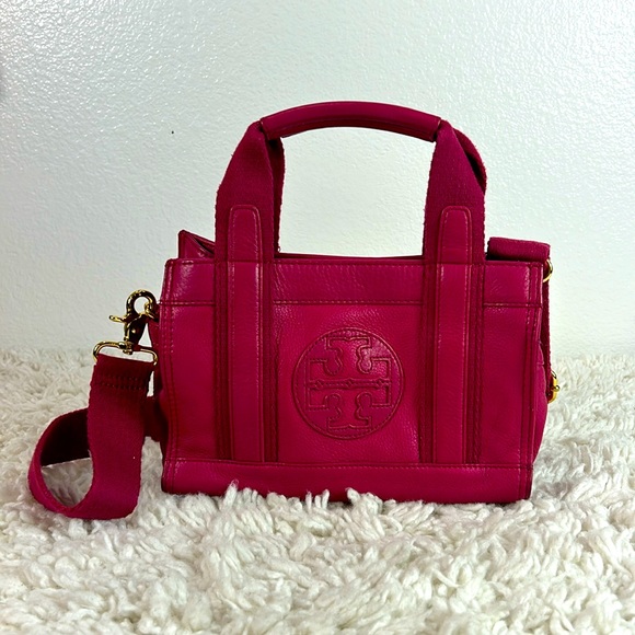 Tory Burch Handbags - Tory Burch Leather and Canvas Logo Embossed Tote Bag Purse Magenta